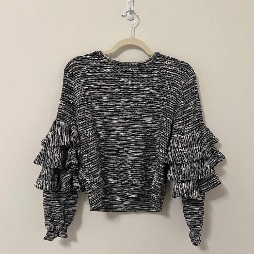 MISA Ruffled Sleeve Knit Top in Black & White